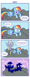 Size: 1000x2575 | Tagged: safe, artist:sazanamibd, derpy hooves, rainbow dash, pegasus, pony, g4, the mysterious mare do well, 4 panel comic, 4koma, cloud, comic, dialogue, duo, electrocution, female, gritted teeth, lighting, lying down, lying on a cloud, mare, missing cutie mark, mood whiplash, on a cloud, speech bubble, teeth