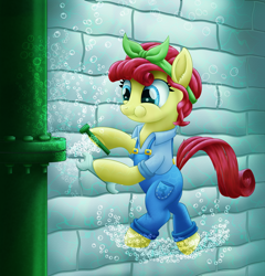 Size: 2730x2843 | Tagged: safe, artist:lifesharbinger, torque wrench, earth pony, pony, g4, rainbow roadtrip, bolt, bubble, female, fixing, high res, holding breath, leaking, mare, pipe (plumbing), requested art, solo, underwater, water, wrench