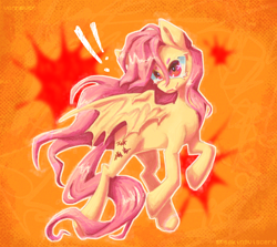 Size: 1212x1080 | Tagged: safe, artist:vennever, fluttershy, bat pony, pony, g4, abstract background, bat ponified, exclamation point, flutterbat, race swap, solo