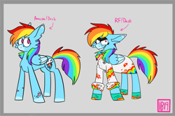 Size: 1337x889 | Tagged: safe, artist:vennever, rainbow dash, pegasus, pony, fanfic:rainbow factory, g4, alternate universe, black eyeshadow, cheek fluff, chest fluff, clothes, colored eartips, colored muzzle, colored wings, colored wingtips, evil grin, eye scar, eyeshadow, facial scar, fanfic art, folded wings, gloves, gray background, grin, lab coat, leg scar, liquid rainbow, makeup, no pupils, rainbow factory dash, scar, simple background, smiling, spectra, standing, torn ear, wings
