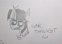 Size: 2026x1425 | Tagged: safe, artist:vennever, twilight sparkle, pony, g4, bust, gender headcanon, gender non-conforming, glasses, monochrome, sketch, solo, traditional art