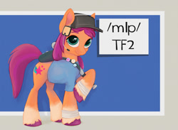 Size: 1500x1097 | Tagged: artist needed, safe, sunny starscout, earth pony, pony, g5, /mlp/ tf2 general, bandage, baseball bat, female, fluttershy's cutie mark, hat, mare, pins, pun, rainbow dash's cutie mark, scout (tf2), solo, team fortress 2, text, twilight sparkle's cutie mark, visual pun