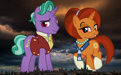 Size: 1920x1200 | Tagged: safe, artist:cheezedoodle96, edit, editor:jaredking779, firelight, stellar flare, pony, unicorn, g4, attack on pony, chicago, clothes, coat markings, duo, female, giant pony, giantess, highrise ponies, illinois, irl, jewelry, macro, male, mare, necklace, necktie, pearl necklace, photo, ponies in real life, red eyes, shirt, socks (coat markings), stallion, story included, vest