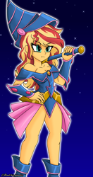 Size: 1800x3400 | Tagged: safe, artist:dibujoschidosdelabad, sunset shimmer, human, equestria girls, g4, :t, breasts, busty sunset shimmer, cleavage, clothes, cosplay, costume, crossover, dark magician girl, female, high res, outline, schrödinger's pantsu, solo, white outline, yu-gi-oh!