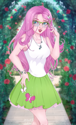 Size: 1729x2825 | Tagged: safe, artist:galatraveler, fluttershy, human, g4, breasts, clothes, equestria girls outfit, female, flower, glasses, hair, hairpin, hand on hip, high res, humanized, makeup, skirt, sleeveless, solo, tank top, teenager