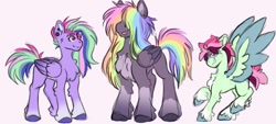 Size: 1081x489 | Tagged: safe, artist:plushieevibes, oc, oc:aurora (plushieevibes), oc:dragonfly (plushieevibes), unnamed oc, pegasus, pony, chest fluff, coat markings, colored hooves, colored wings, colored wingtips, colt, ear fluff, ear gague, ear piercing, earring, eyebrow slit, eyebrows, female, foal, folded wings, gradient legs, gradient wings, hair over eyes, jewelry, leg fluff, magenta eyes, magical lesbian spawn, male, mare, multicolored hair, offspring, parent:fluttershy, parent:rainbow dash, parents:flutterdash, pegasus oc, piercing, rainbow hair, siblings, simple background, socks (coat markings), spread wings, stallion, standing, trio, unshorn fetlocks, white background, wings