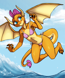 Size: 1785x2160 | Tagged: safe, artist:milk_jerboa, smolder, dragon, anthro, digitigrade anthro, g4, armpits, bikini, breasts, claws, clothes, delicious flat chest, dragoness, female, flying, horns, lizard breasts, looking sideways, ocean, older, older smolder, outdoors, scales, side-tie bikini, signature, small breasts, smiling, smirk, smugder, solo, spread wings, striped bikini, striped swimsuit, stupid sexy smolder, summer, swimsuit, teenaged dragon, teenager, water