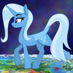 Size: 800x800 | Tagged: safe, artist:kujivunia, trixie, alicorn, pony, g4, abstract background, alicornified, colored, colored wings, concave belly, dream, equestria, female, flat colors, giant pony, lidded eyes, macro, map of equestria, mare, milky way galaxy, night, race swap, simple background, simple shading, sky, slender, smiling, solo, space, stars, thin, trixiecorn, two toned wings, wings