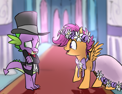 Size: 1331x1024 | Tagged: safe, artist:not-ordinary-pony, derpibooru exclusive, scootaloo, spike, dragon, pegasus, pony, a canterlot wedding, g4, bridesmaid dress, clothes, cute, dress, duo, female, floral head wreath, flower, flower filly, flower girl, flower girl dress, hat, male, ring bearer, ship:scootaspike, shipping, straight, top hat, tuxedo