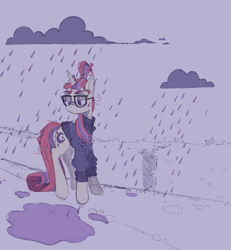 Size: 1001x1083 | Tagged: safe, artist:unicornlobotomy, derpibooru exclusive, moondancer, pony, unicorn, amending fences, g4, frown, glasses, puddle, purple background, rain, scenery, simple background, solo