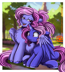 Size: 2682x3003 | Tagged: safe, artist:pridark, oc, oc only, pegasus, pony, unicorn, blurry background, chest fluff, duo, female, fluffy, high res, horn, looking at someone, open mouth, outdoors, passepartout, pegasus oc, siblings, sisters, sitting, tree, unicorn oc, unshorn fetlocks
