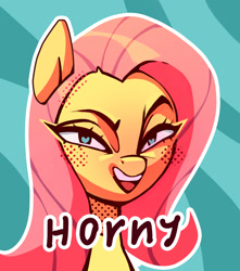Size: 1769x2000 | Tagged: safe, artist:annna markarova, fluttershy, pegasus, pony, g4, bedroom eyes, bust, female, heart, heart eyes, horny, looking at you, open mouth, open smile, outline, portrait, screentone, smiling, solo, text, white outline, wingding eyes