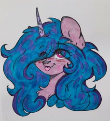 Size: 2869x3140 | Tagged: safe, artist:starkey, izzy moonbow, pony, unicorn, g5, :p, bust, chest fluff, ear fluff, female, high res, mare, portrait, smiling, tongue out, traditional art
