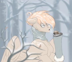 Size: 1185x1024 | Tagged: safe, artist:raychelrage, oc, oc only, bird, pegasus, pony, clothes, forest, scarf, snow, solo