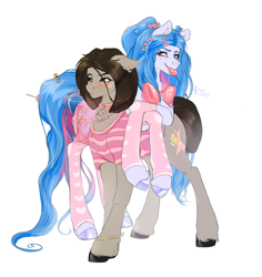 Size: 1674x1770 | Tagged: safe, artist:raychelrage, oc, oc only, earth pony, pony, blue eyes, blushing, bracelet, brown eyes, candy, candy in hair, choker, closed mouth, clothes, collar, colored hooves, duo, ear fluff, ear piercing, earring, ears back, eyeshadow, female, food, frown, hairclip, jewelry, leg warmers, lollipop, makeup, mare, necklace, open mouth, piercing, shirt, simple background, skirt, smiling, socks, standing, unshorn fetlocks, white background