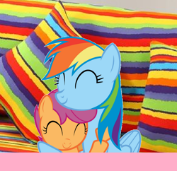 Size: 754x730 | Tagged: artist needed, safe, rainbow dash, scootaloo, pegasus, pony, g4, ^^, blanket, cute, cutealoo, dashabetes, dialogue in the description, duo, eyes closed, female, filly, foal, hug, mare, rainbow couch, scootalove, sibling love, siblings, sisterly love, sisters, sleeping, smiling, winghug, wings