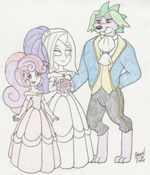 Size: 1203x1400 | Tagged: safe, artist:bageloftime, rarity, spike, sweetie belle, dog, human, anthro, equestria girls, g4, ponies of dark water, alternate hairstyle, bouquet, bride, bridesmaid, bridesmaid dress, clothes, commission, dress, female, flower, groom, male, marriage, ship:sparity, shipping, siblings, sisters, smiling, straight, suit, traditional art, trio, wedding, wedding dress
