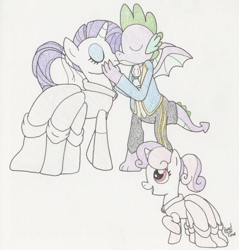 Size: 1338x1400 | Tagged: safe, artist:bageloftime, rarity, spike, sweetie belle, dragon, pony, unicorn, g4, ponies of dark water, alternate eye color, alternate hairstyle, bride, bridesmaid dress, clothes, commission, dress, female, filly, foal, groom, kissing, male, mare, marriage, ponytail, ship:sparity, shipping, siblings, sisters, smiling, straight, suit, traditional art, wedding, wedding dress