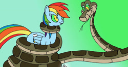 Size: 900x476 | Tagged: safe, artist:lol20, rainbow dash, pegasus, pony, snake, g4, coils, female, gradient background, hypno dash, hypno eyes, hypnosis, hypnotized, kaa, kaa eyes, male, smiling, wrapped up