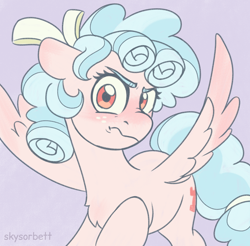 Size: 2286x2249 | Tagged: safe, artist:skysorbett, cozy glow, pegasus, pony, g4, angry, blushing, colored sketch, cozybetes, cute, female, filly, foal, freckles, frown, high res, looking at you, madorable, simple background, sketch, solo, spread wings, wings