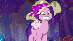 Size: 3072x1727 | Tagged: safe, screencap, pipp petals, pegasus, pony, attack of the bunnisus, g5, my little pony: tell your tale, spoiler:g5, spoiler:my little pony: tell your tale, spoiler:tyts01e61, female, grin, hat, mare, rain, smiling, solo