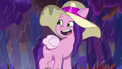 Size: 3072x1727 | Tagged: safe, screencap, pipp petals, pegasus, pony, attack of the bunnisus, g5, my little pony: tell your tale, spoiler:g5, spoiler:my little pony: tell your tale, spoiler:tyts01e61, eyebrows, female, hat, mare, open mouth, open smile, rain, raised eyebrow, smiling, solo