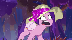 Size: 3072x1727 | Tagged: safe, screencap, pipp petals, pegasus, pony, attack of the bunnisus, g5, my little pony: tell your tale, spoiler:g5, spoiler:my little pony: tell your tale, spoiler:tyts01e61, female, hat, mare, open mouth, pinpoint eyes, rain, solo