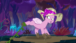 Size: 3072x1727 | Tagged: safe, screencap, pipp petals, pegasus, pony, attack of the bunnisus, g5, my little pony: tell your tale, spoiler:g5, spoiler:my little pony: tell your tale, spoiler:tyts01e61, :o, female, hat, mare, open mouth, rain, solo