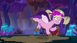 Size: 3072x1727 | Tagged: safe, screencap, pipp petals, pegasus, pony, attack of the bunnisus, g5, my little pony: tell your tale, spoiler:g5, spoiler:my little pony: tell your tale, spoiler:tyts01e61, female, frown, hat, mare, rain, solo