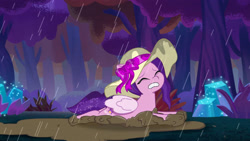 Size: 3072x1727 | Tagged: safe, screencap, pipp petals, pegasus, pony, attack of the bunnisus, g5, my little pony: tell your tale, spoiler:g5, spoiler:my little pony: tell your tale, spoiler:tyts01e61, adorable distress, adorapipp, cute, eyes closed, female, frown, hat, mare, rain, solo