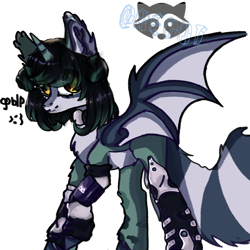 Size: 1280x1280 | Tagged: safe, oc, oc:raccoon dan, alicorn, bat pony, bat pony alicorn, pony, bat pony oc, bat wings, chest fluff, ear fluff, horn, looking at you, simple background, solo, wings