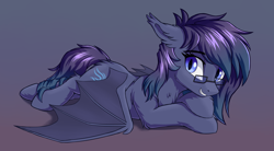 Size: 6150x3403 | Tagged: safe, artist:qwq2233, oc, oc only, oc:midnight hurricane, bat pony, pony, glasses, gradient background, looking at you, lying down, smiling, smiling at you, solo, wings