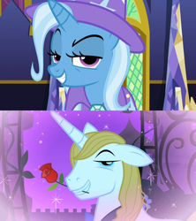 Size: 1280x1440 | Tagged: safe, edit, edited screencap, screencap, prince blueblood, trixie, pony, unicorn, g4, no second prances, the best night ever, bowtie, cape, clothes, female, flower, flower in mouth, hat, male, mouth hold, rose, rose in mouth, ship:bluetrix, shipping, shipping domino, smiling, stallion, straight, trixie's cape, trixie's hat