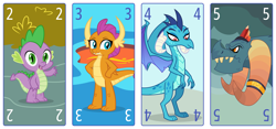 Size: 6400x3000 | Tagged: safe, artist:parclytaxel, dragon lord torch, princess ember, smolder, spike, dragon, series:parcly's pony pattern playing cards, g4, .svg available, absurd resolution, dragoness, female, horn, horn ring, looking at you, male, open mouth, open smile, playing card, ring, smiling, tarot card, vector, wingless spike