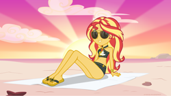 Size: 5360x3015 | Tagged: safe, artist:andoanimalia, sunset shimmer, human, starfish, equestria girls, g4, ass, beach, beach towel, bikini, butt, clothes, feet, looking at you, sandals, solo, sunglasses, sunset, sunset shimmer's beach shorts swimsuit, swimsuit, toes