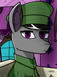 Size: 1248x1680 | Tagged: safe, artist:hno3, oc, oc only, earth pony, pony, equestria at war mod, equestria rises still (equestria at war submod), bust, car, city, cityscape, clothes, ear fluff, male, portrait, purple eyes, solo, stallion, uniform, uniform hat