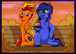 Size: 3508x2480 | Tagged: safe, artist:sugardotxtra, oc, oc only, oc:fireheart(fire), oc:guard cobalt flash, bat pony, pony, bat pony oc, bench, cute, duo, food, high res, male, mango, sitting, wholesome