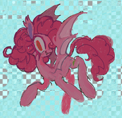 Size: 826x798 | Tagged: safe, artist:dddddaxie998839, pinkie pie, bat pony, pony, g4, bat ponified, bat wings, blush sticker, blushing, checkered background, closed mouth, colored eyelashes, ear tufts, fangs, female, hair over one eye, light blue background, looking at you, mare, pinkiebat, race swap, red eyes, smiling, solo, turned head, wings