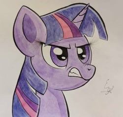 Size: 1729x1651 | Tagged: safe, artist:engi, twilight sparkle, pony, unicorn, g4, angry, bust, nose wrinkle, simple background, solo, traditional art, unicorn twilight, watercolor painting