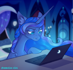 Size: 3256x3144 | Tagged: safe, artist:mammalian_alien, princess luna, alicorn, pony, g4, angry, computer, cute, desk, eyebrows, female, high res, laptop computer, luna is not amused, madorable, mare, raised eyebrow, solo, unamused