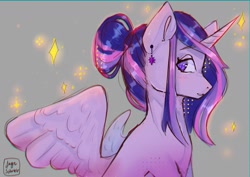 Size: 4093x2894 | Tagged: safe, artist:jaynsparkle, twilight sparkle, alicorn, pony, g4, ear piercing, earring, jewelry, piercing, simple background, sitting, solo, spread wings, twilight sparkle (alicorn), wings