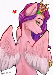 Size: 2894x4093 | Tagged: safe, artist:jaynsparkle, pipp petals, pegasus, pony, g5, adorapipp, colored wings, crown, cute, diadem, eyebrows, female, heart, high res, jewelry, looking at you, looking back, looking back at you, mare, partially open wings, rear view, regalia, signature, simple background, smiling, smiling at you, solo, white background, wings