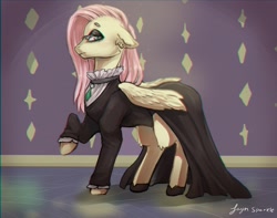 Size: 1900x1500 | Tagged: safe, artist:jaynsparkle, fluttershy, pegasus, pony, g4, aside glance, clothes, dress, ear piercing, ears back, eyeshadow, female, floppy ears, fluttergoth, folded wings, looking at you, makeup, mare, piercing, profile, raised hoof, side view, solo, standing, wings