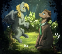 Size: 1700x1500 | Tagged: safe, artist:jaynsparkle, derpy hooves, doctor whooves, time turner, earth pony, pegasus, pony, g4, duo, flying, hoof heart, looking at each other, looking at someone, male, necktie, open mouth, sitting, stallion, underhoof