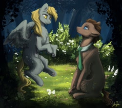 Size: 1700x1500 | Tagged: safe, alternate version, artist:jaynsparkle, derpy hooves, doctor whooves, time turner, earth pony, pegasus, pony, g4, duo, flying, hoof heart, looking at each other, looking at someone, necktie, open mouth, sitting, underhoof