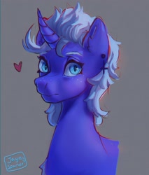 Size: 2894x3403 | Tagged: safe, artist:jaynsparkle, oc, oc:can opener, pony, unicorn, fish whisperer, vylet pony, bust, ear piercing, freckles, gray background, heart, high res, piercing, portrait, simple background, solo