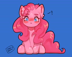 Size: 4096x3221 | Tagged: safe, artist:jaynsparkle, pinkie pie, earth pony, pony, g4, blue background, chibi, ear fluff, female, full face view, high res, looking at you, question mark, simple background, sitting, solo