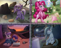 Size: 3000x2359 | Tagged: safe, artist:swasfews, limestone pie, marble pie, maud pie, pinkie pie, earth pony, pony, g4, confetti, fence, flower, high res, moon, pickaxe, pie sisters, rock, rock farm, siblings, sisters, tree