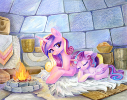 Size: 1522x1200 | Tagged: safe, artist:maytee, princess cadance, princess flurry heart, alicorn, pony, g4, campfire, duo, duo female, female, igloo, mama cadence, mare, mother and child, mother and daughter, older, older flurry heart, traditional art