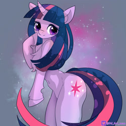 Size: 3000x3000 | Tagged: safe, artist:fd, twilight sparkle, unicorn, semi-anthro, g4, abstract background, arm hooves, belly button, chest fluff, floppy ears, high res, looking at you, solo, unicorn twilight